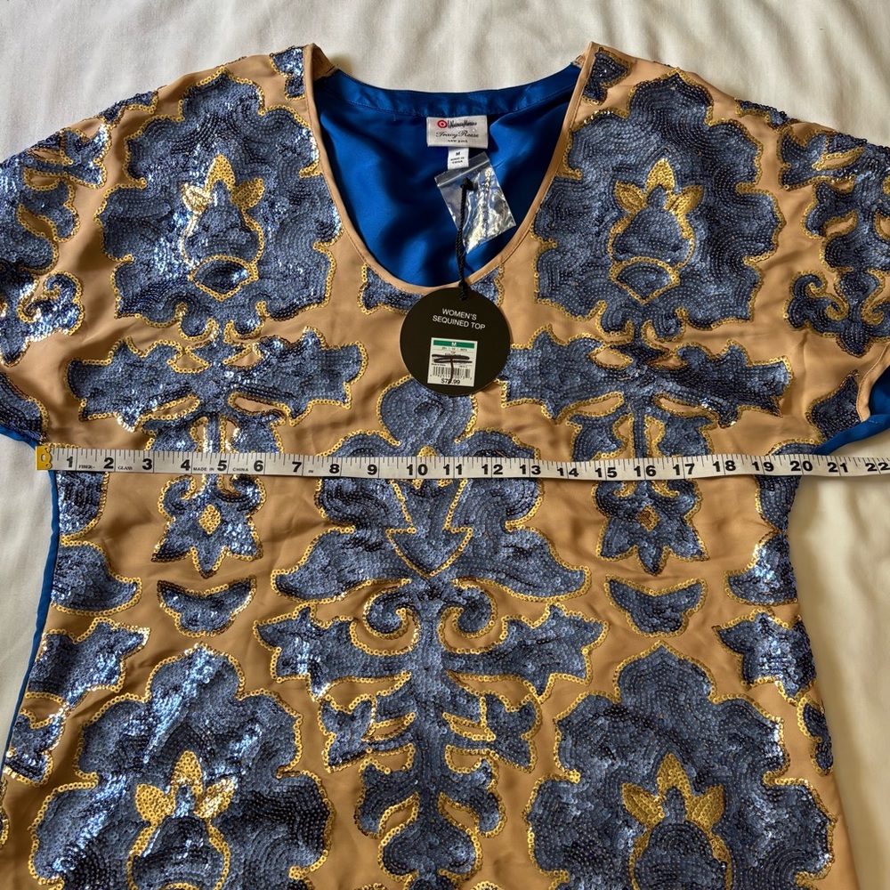 Neiman Marcus Tracy Reese NWT Women’s Beige & Blue Sequin Blouse Medium - Picture 5 of 8